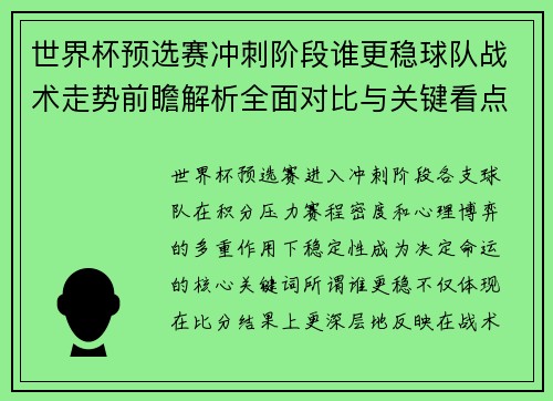 世界杯预选赛冲刺阶段谁更稳球队战术走势前瞻解析全面对比与关键看点