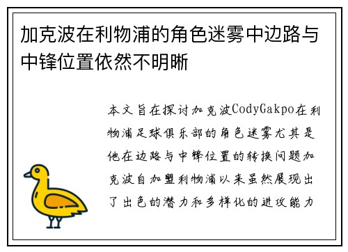 加克波在利物浦的角色迷雾中边路与中锋位置依然不明晰 加克波在利物浦的角色迷雾中边路与中锋位置依然不明晰