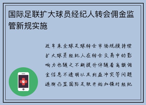 国际足联扩大球员经纪人转会佣金监管新规实施 国际足联扩大球员经纪人转会佣金监管新规实施